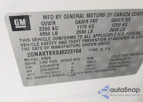 2018 Chevrolet Equinox Lt z USA, uszkodzony, nr VIN 2GNAXTEX8J6223104